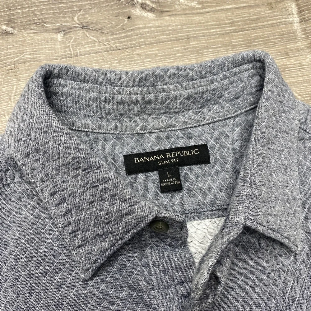 Banana Republic Shirt Slim‎ Fit Mens L Blue Quilted Diamond Cotton Elbow Patch
